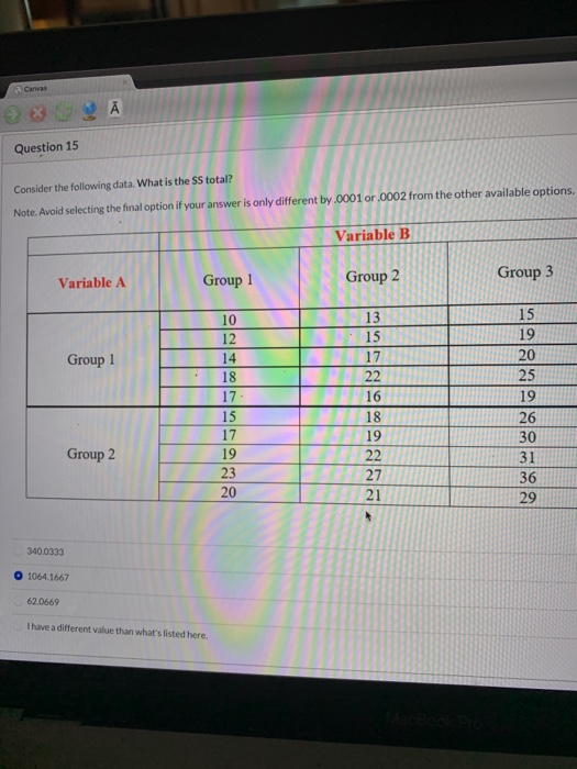 a Canvas » XĀ Question 15 Consider the following data. What is the SS total? Note. Avoid selecting the final option if your a