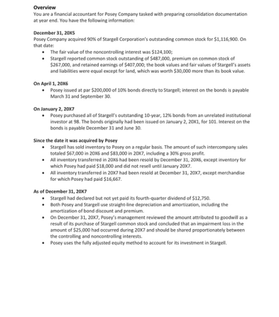 Overview You are a financial accountant for Posey Company tasked with preparing consolidation documentation at year end. You