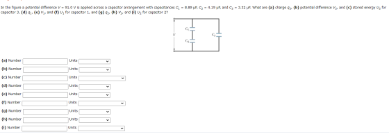 In the figure a potential difference V = 91.0 V is applied across a capacitor arrangement with capacitances C1 = 8.89 UF, C2