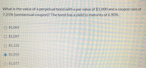 What is the value of a perpetual bond with a par value of $1,000 and a coupon rate of 7.25% (semiannual coupon)? The bond has
