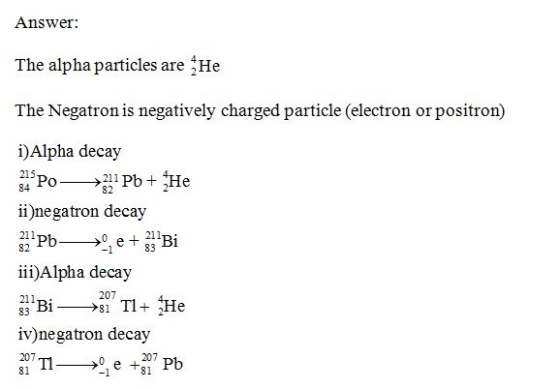 Answer: The alpha particles are He The Negatron is negatively charged particle (electron or positron) Alpha decay 215 ii neg