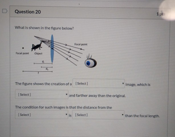 D Question 20 1 pt What is shown in the figure below? Focal point Focal point Object The figure shows the creation of a [Sele