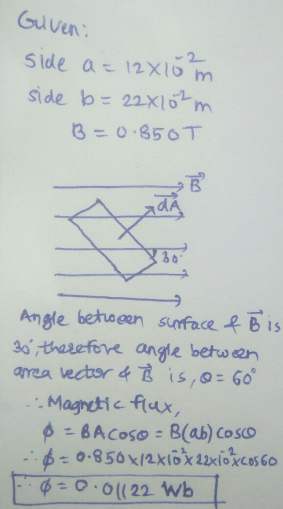 Guveni side a= 12x10 m side b=22x10²m B=0.850T B Bo Angle between surface & B is 30, therefore angle between area rector & B