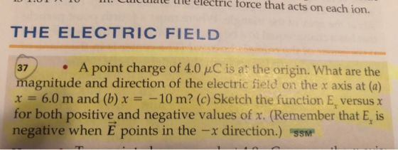 uicuiate the electric force that acts on each ion. THE ELECTRIC FIELD .A point charge of 4.0 puC is a: the origin. What are t