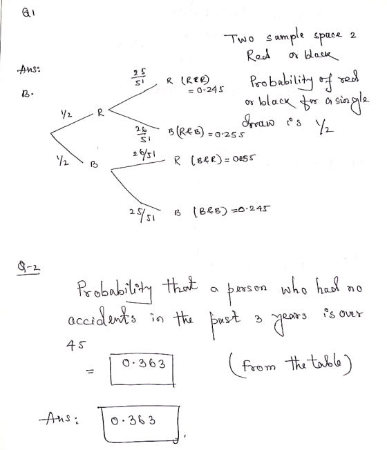 Ans: B Two sample space 2 1. Red or black 2 1 R (RRR) Probability of red or black for a single at B(48) -0-25. Spraw os y 20/