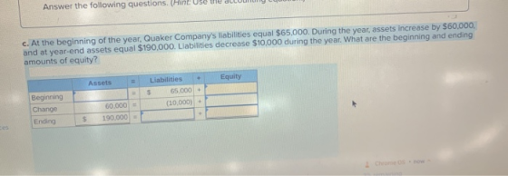 c. At the beginning of the year, Quaker Companys liabilities equal $65,000. During the year, assets increase by $60,000, and