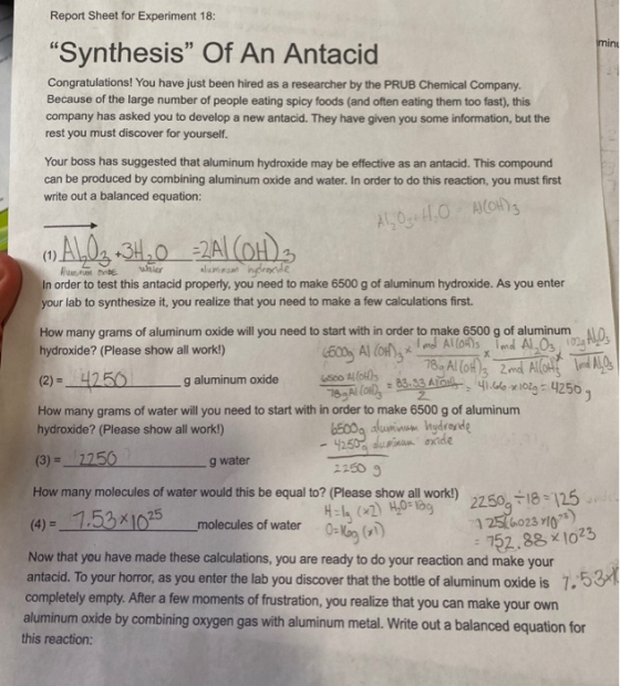 Report Sheet for Experiment 18: mini “Synthesis” Of An Antacid Congratulations! You have just been hired as a researcher by t