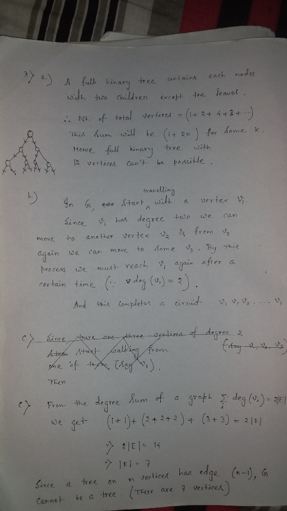 1 a.) A full binary tree contains each noder with two children except the leaves. i No. of total vertices - (1+ 2+ 4 + 8 + ..