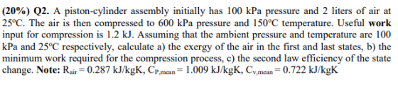 (20%) Q2. A piston-cylinder assembly initially has 100 kPa pressure and 2 liters of air at 25°C. The air is then compressed t