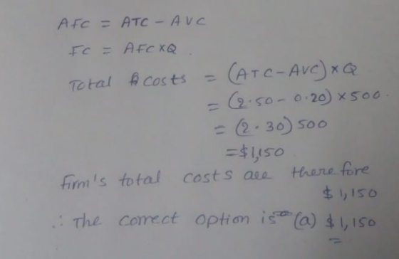 50-0.20)×500 亡(2-30) Soo 두$1.ISO fims total costs ae hare fore .: The correct option,-(a) 4し150
