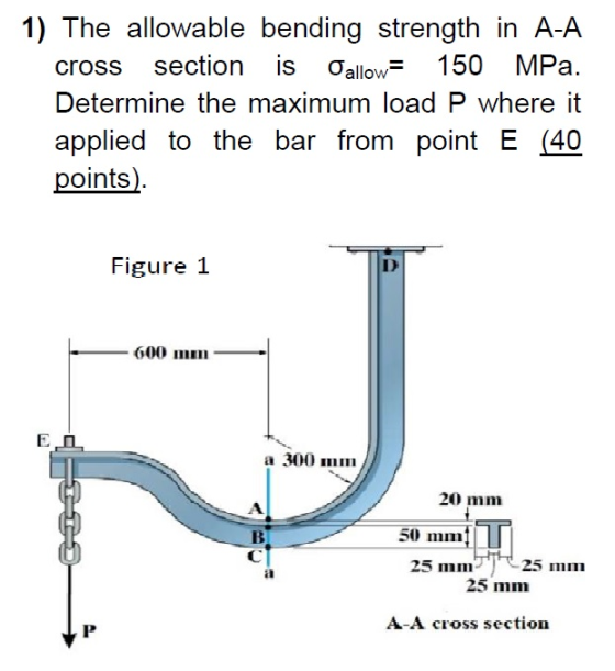 1) The allowable bending strength in A-A cross section is Oallow= 150 MPa. Determine the maximum load P where it applied to t