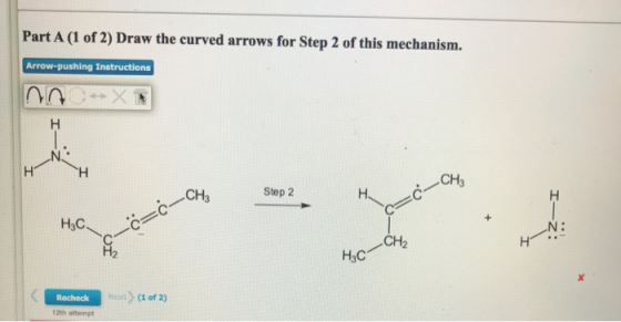 Part A (1 of 2) Draw the curved arrows for Step 2 of this mechanism. Arrow-pushing Instructions nn Step 2 H3C с biċ-CH CH2 H3