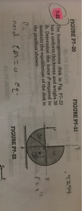 FIGURE P7-20 FIGURE P7-21 니244 7-22 /The homogeneous disk in Fig. P7-22 has a uniform thickness and weighs 30 lb. Determine