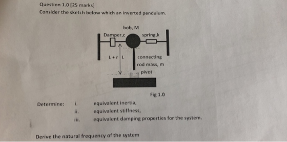Question 1.0 [25 marks] Consider the sketch below which an inverted pendulum. bob, M Damper,c spring,k connecting rod mass, m に., pivot Fig 1.0 Determine: i. equivalent inertia ii. equivalent stiffness equivalent damping properties for the system. Derive the natural frequency of the system
