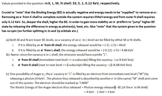 Values provided in the question: in K, L, M, N shell: 33,5, 1, 0.12 kev, respectively. Crucial to note that the Binding Ene