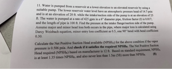 11. Water is pumped from a reservoir at a lower elevation to an elevated reservoir by using a suitable pump. The lower reserv