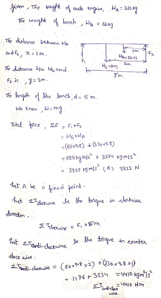 The we The distarce bekueen 1 nn 2nn 2 1 冫2m the ench,d: 5 m We know . W m -(602.8) 309.8) 588 ka s 3234 kgms = 3822 kgmis (d) 3822 N . et duredton ση. 의anti-clockwiae