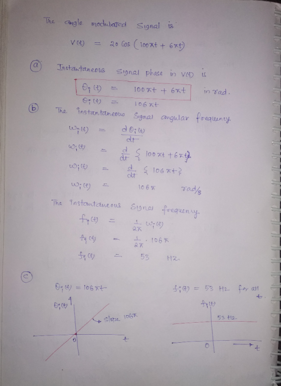 The gla meclated Signal Inst autaneus ignal phase in ve @t㈩ニ 106xt ⓑ The onstantaneouo Signal congular f0alun tt. ckオ 7S QR -
