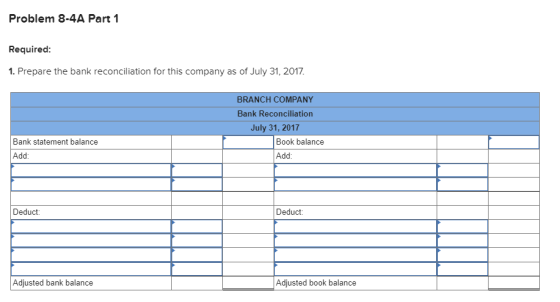 Problem 8-4A Part 1 Required: 1. Prepare the bank reconciliation for this company as of July 31, 2017 BRANCH COMPANY Bank Rec