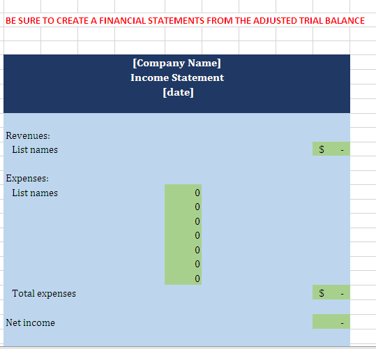 BE SURE TO CREATE A FINANCIAL STATEMENTS FROM THE ADJUSTED TRIAL BALANCE [Company Name] Income Statement [date] Revenues: S L