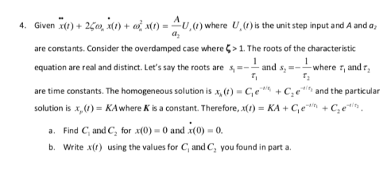4. Given ä(t) + 250, 4(0) + 1) = 40, () where U (0) is the unit step input and A and az are constants. Consider the overdampe