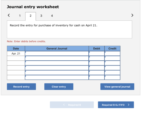 Journal entry worksheet < 1 2 3 4 Record the entry for purchase of inventory for cash on April 21. Note: Enter debits before