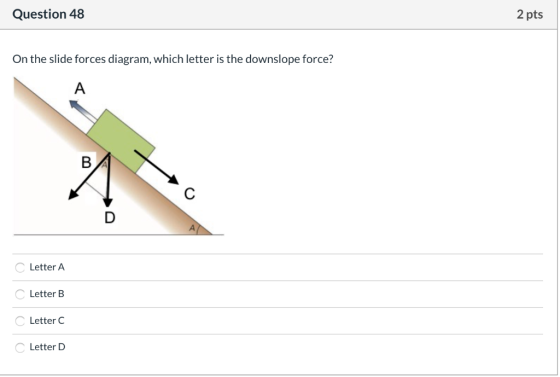 Question 48 2 pts On the slide forces diagram, which letter is the downslope force? C Letter A C Letter B Letter C Letter D