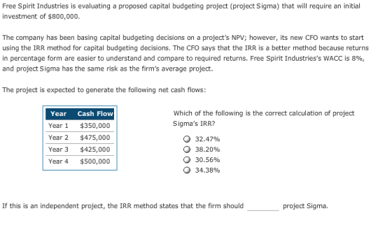 Free Spirit Industries is evaluating a proposed capital budgeting project (project Sigma) that will require an initial invest