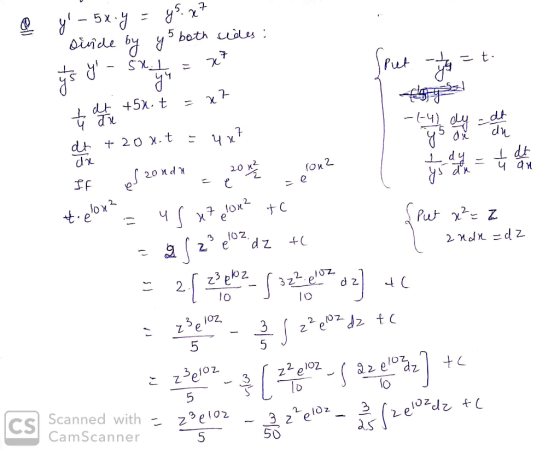 Q y - 5x.y = 45.27 side by ys both sides: l y = x7 Sput the = t. th I dy = + dt y a olona ys du = to plona 102 + 2 ndn = d z