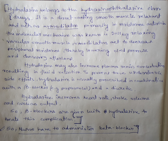 class 4 Hydralazine belongs to the hydrazinophthalazine of drugs. It is a direct acting smooth muscle relaxant. and acts as a
