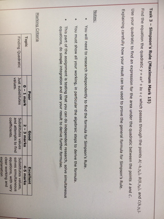 Task 3 - Simpsons Rule (Maximum Mark 15) Find the equation the quadratic y = ax + bx + c which passes through the points A-h
