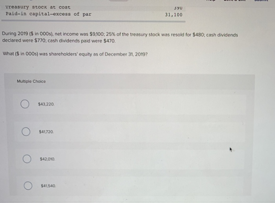 Treasury stock at cost 3y0 Paid-in capital-excess of par 31,100 During 2019 ($ in 000s), net income was $9,100; 25% of the tr