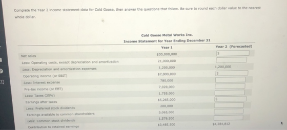 Complete the Year 2 income statement data for Cold Goose, then answer the questions that follow. Be sure to round each dollar