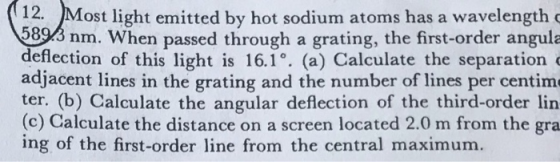 12. Most light emitted by hot sodium atoms has a wavelength 3893 nm. When passed through a grating, the first-order angula de