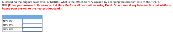 C. Based on the original sales level of 60,000, what is the effect on NPV caused by changing the discount rate to 9%, 10%, or 11%? (Enter your answer in thousands of dollars. Perform all calculations using Excel. Do not round any intermediate calculations Round your answer to the nearest thousand.) NPV 9% NPV 10% NPV 11%