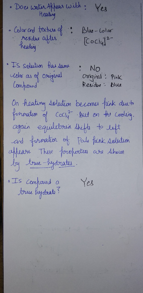 Does water Appear with Yes Heating • Color and texture of : Blue-color residue after [Coclu] heating • Is solution has same c