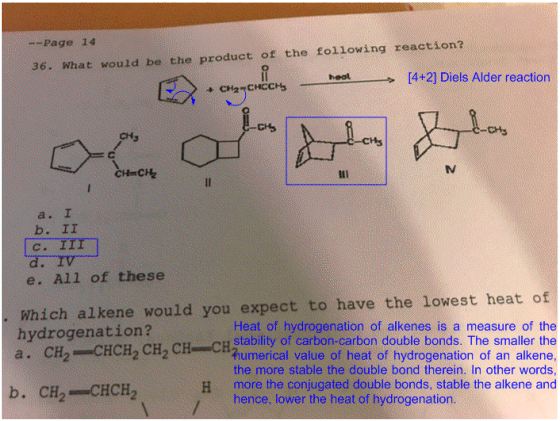 --Page 14 36. What would be the product of the following reaction? heot [4+2] Diels Alder reaction 0% 0% 0% a. I e. All of th
