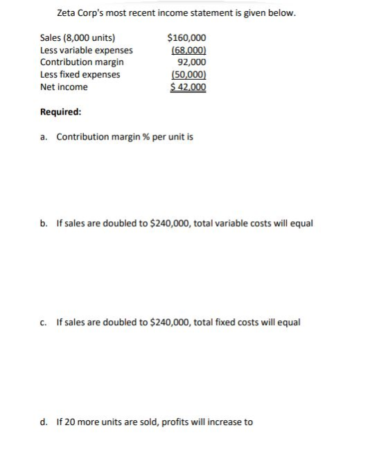 Zeta Corps most recent income statement is given below. Sales (8,000 units) Less variable expenses Contribution margin Less
