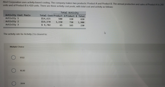 Abel Corporation uses activity based costing. The company makes two products: Product A and Product B. The annual production
