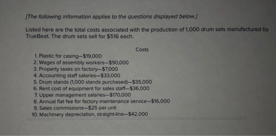 [The following information applies to the questions displayed below.] Listed here are the total costs associated with the pro