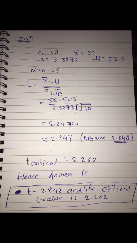 S G LI su 8173 10 = 2,84 321 2847 Aum4&) 2 848 8 L HenceAnsuen 1s tical tvalue s 2.262