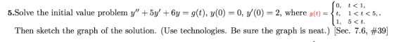 5.Solve the initial value problem y +5y +6y-g(t), y(0) 0,(0) 2, where (t)-t 1<t<5,. 1, 5 < t. Then sketch the graph of the