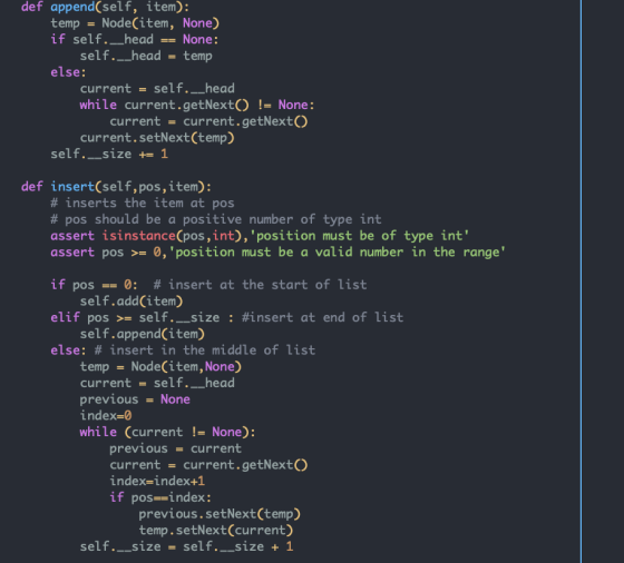 def append(self, item): temp = Node(item, None) if self.__head == None: self.__head = temp else: current = self.__head while