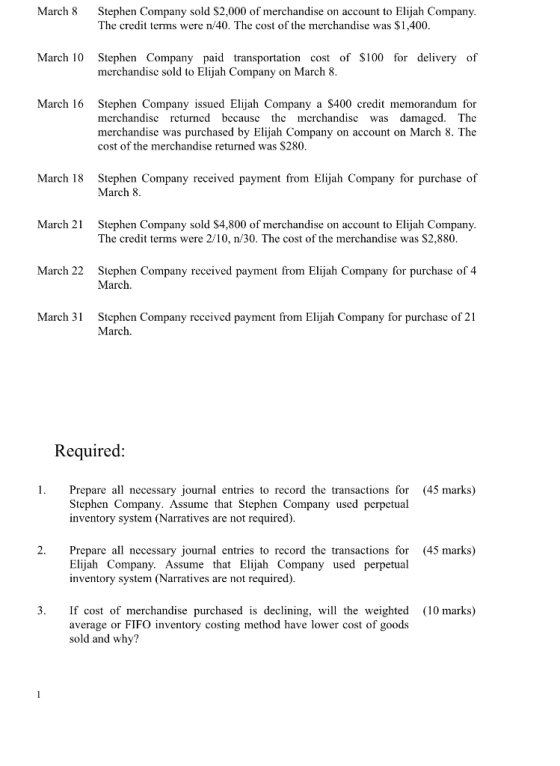 March 8 Stephen Company sold S2,000 of merchandise on account to Elijah Company. The credit terms were n/40. The cost of the