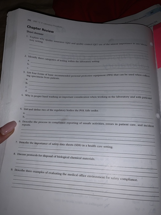 rance GA 292 UNT 13 abotory Procedures Chapter Review Short Answwer 1. Explain why quality assurance (QA) and quality control