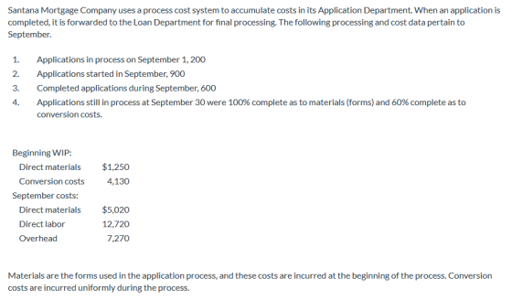 Santana Mortgage Company uses a process cost system to accumulate costs in its Application Department. When an application is