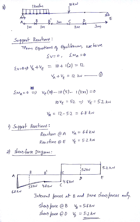m Inm 2m 3r) Fo Equations e Elibum we have 姷 = 12-52 = 6.8 kw SZ kn Rea.cfim Q E 52Kn 6.8 kn sheaクbovce @ B ½=5.8kw