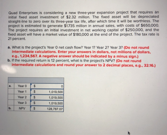 Quad Enterprises is considering a new three-year expansion project that requires an initial fixed asset investment of $2.32 m