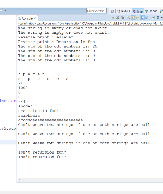 Quick Access : Java EE * Java * Debug & Console X * * * B SEO, <terminated> JavaRecursions [Java Application] C:\Program Fil