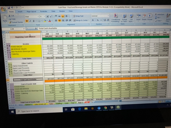 Cash Flow - Food and Beverage break out Master 2019 for Module 13 ) Compatibility Model - Microsoft Excel Home Insert Page La